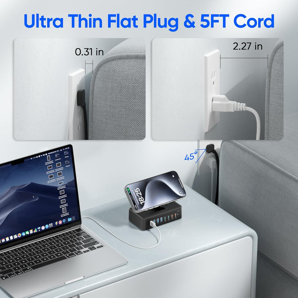 115W USB Charging Station Power Strip, 11-in-1 USB C Charger Block, 2AC Outlets with 8USB Ports(4USB-C), 5FT Flat Plug Extension Cord, Fast Charging Desktop Charger for Home Office Dorm Room, Black