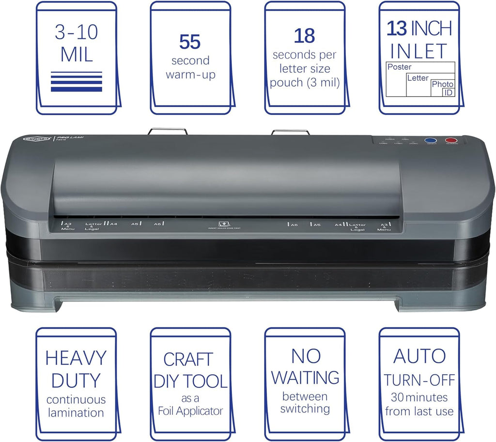 SINCHI 13-Inch Thermal Laminator & Foil Applicator, 3–10 Mil, 4-Roller, 55s Warm-Up, 18 seconds/page, Auto Shutoff, Commercial-Grade Laminating Machine with 10 Pouches for Office, School, Crafts & DIY