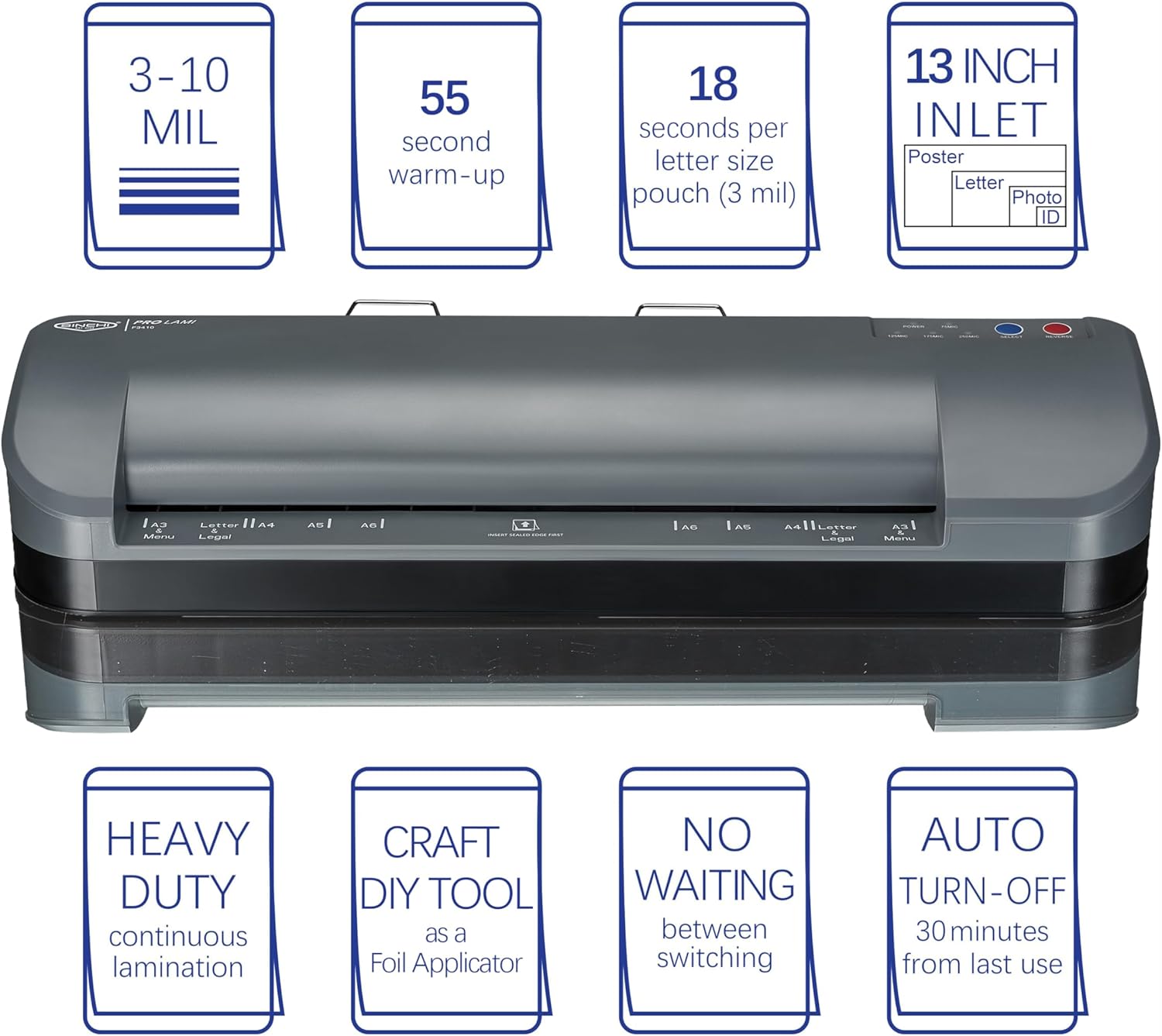 SINCHI 13-Inch Thermal Laminator & Foil Applicator, 3–10 Mil, 4-Roller, 55s Warm-Up, 18 seconds/page, Auto Shutoff, Commercial-Grade Laminating Machine with 10 Pouches for Office, School, Crafts & DIY