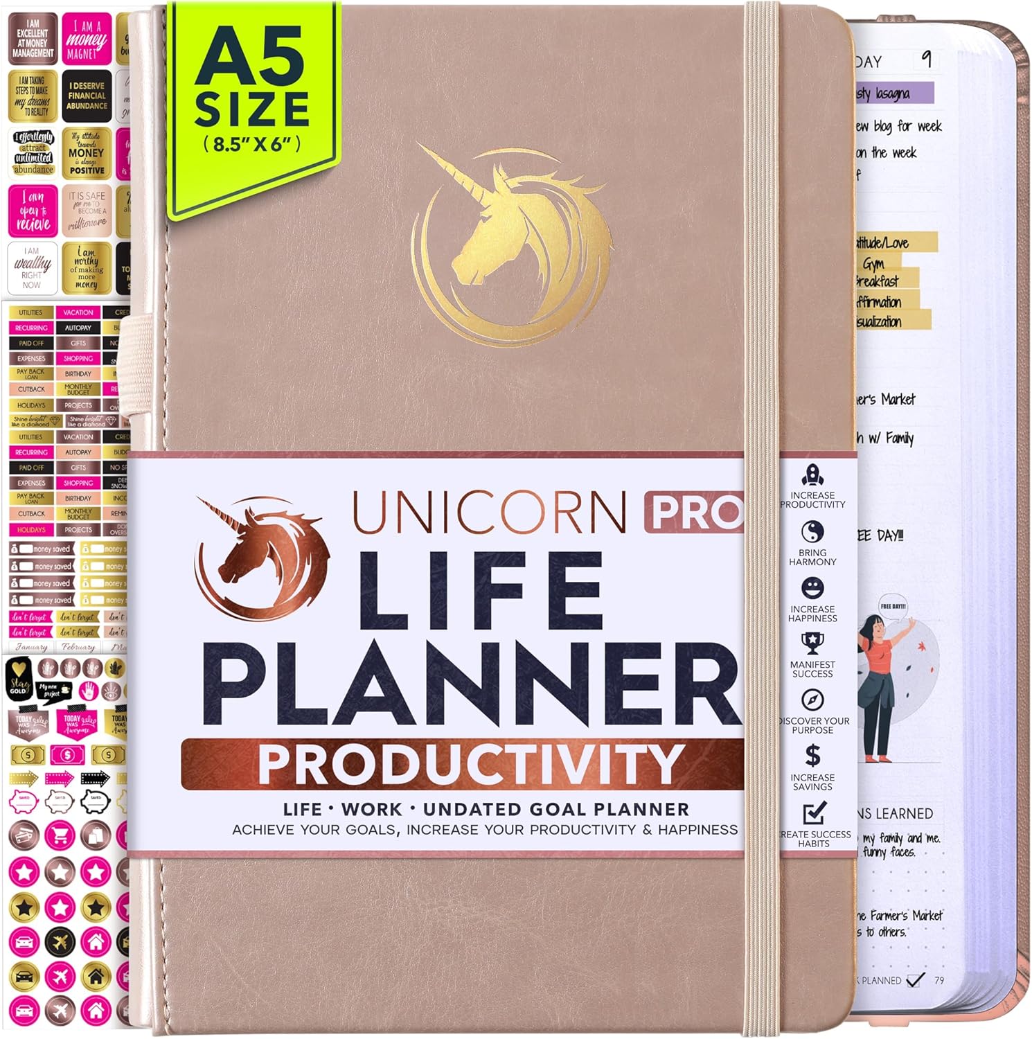 Life Planner - Undated Daily, Weekly & Monthly Planner with Budget Section | A 12 Month Journey to Increase Productivity & Happiness | Life Organizer & Gratitude Journal - Horizontal Format