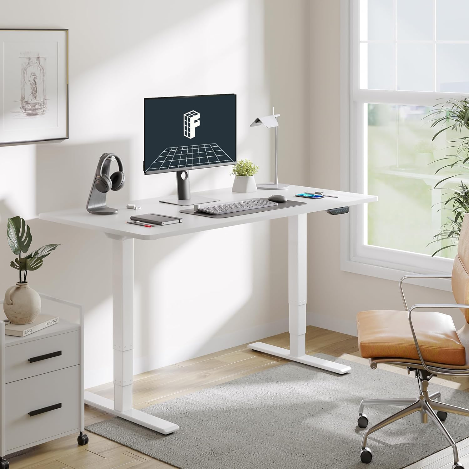 FLEXISPOT E6 MAX Dual Motor 3 Stages Standing Desk 60x24 Inch Whole-Piece Board Electric Height Adjustable Stand Up Desk 150KG Load Capacity(White Frame + White Desktop)