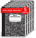 College Ruled Composition Notebooks 5 Pack, 200 Pages (100 Sheets), 9-3/4" x 7-1/2", White & Black Marble Composition Book, Hard Cover, Sturdy Sewn Binding, School, College & Office Supplies