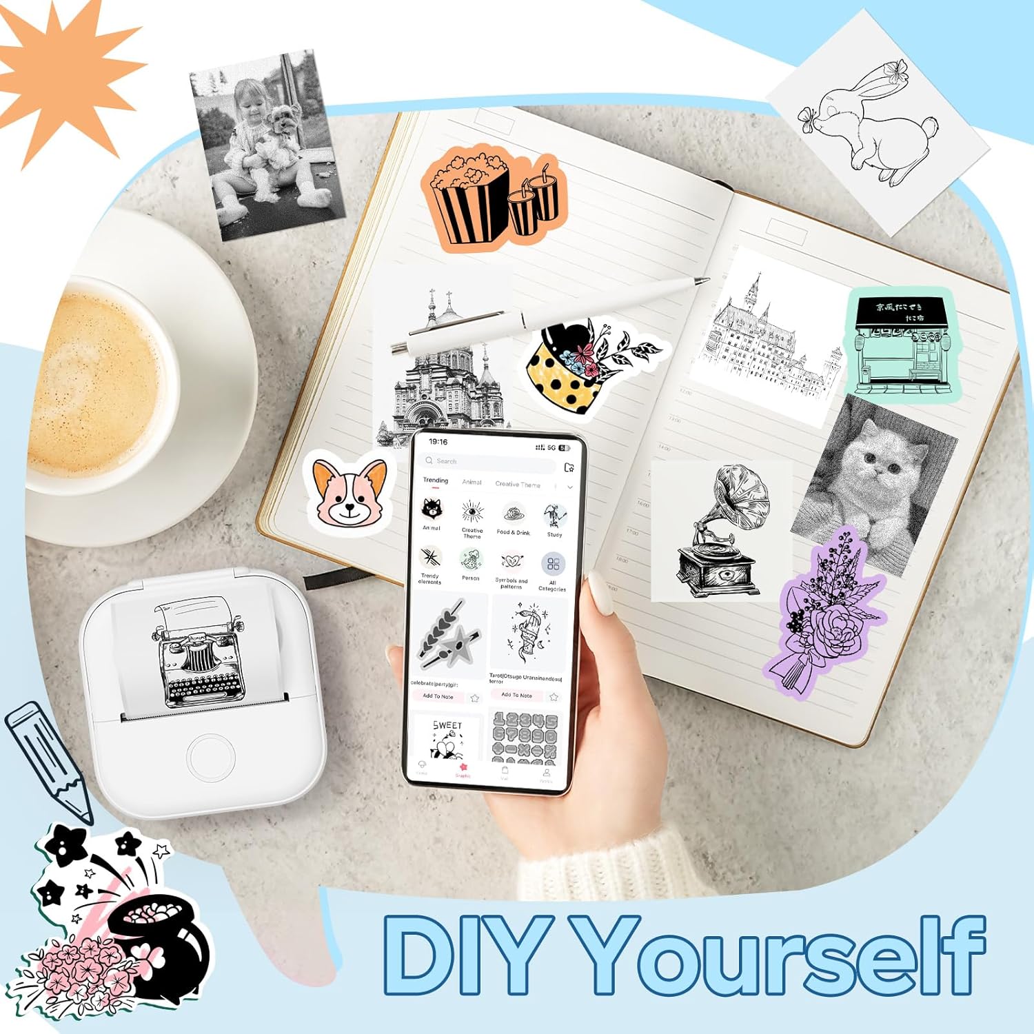 Print Pods Mini Printer, Sticker Maker Machine Y02C, Mini Portable Printer with 1 Roll Paper, Bluetooth Inkless Receipt for Phone, Thermal Portable Maker for Journal, Note, Photos, Learning
