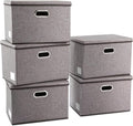 PRANDOM Large Collapsible Storage Containers with Lids [5-Pack] Linen Fabric Foldable Storage Bins Boxes Organizer Baskets Cube with Cover for Home Bedroom Closet Office Nursery (17.7x11.8x11.8)
