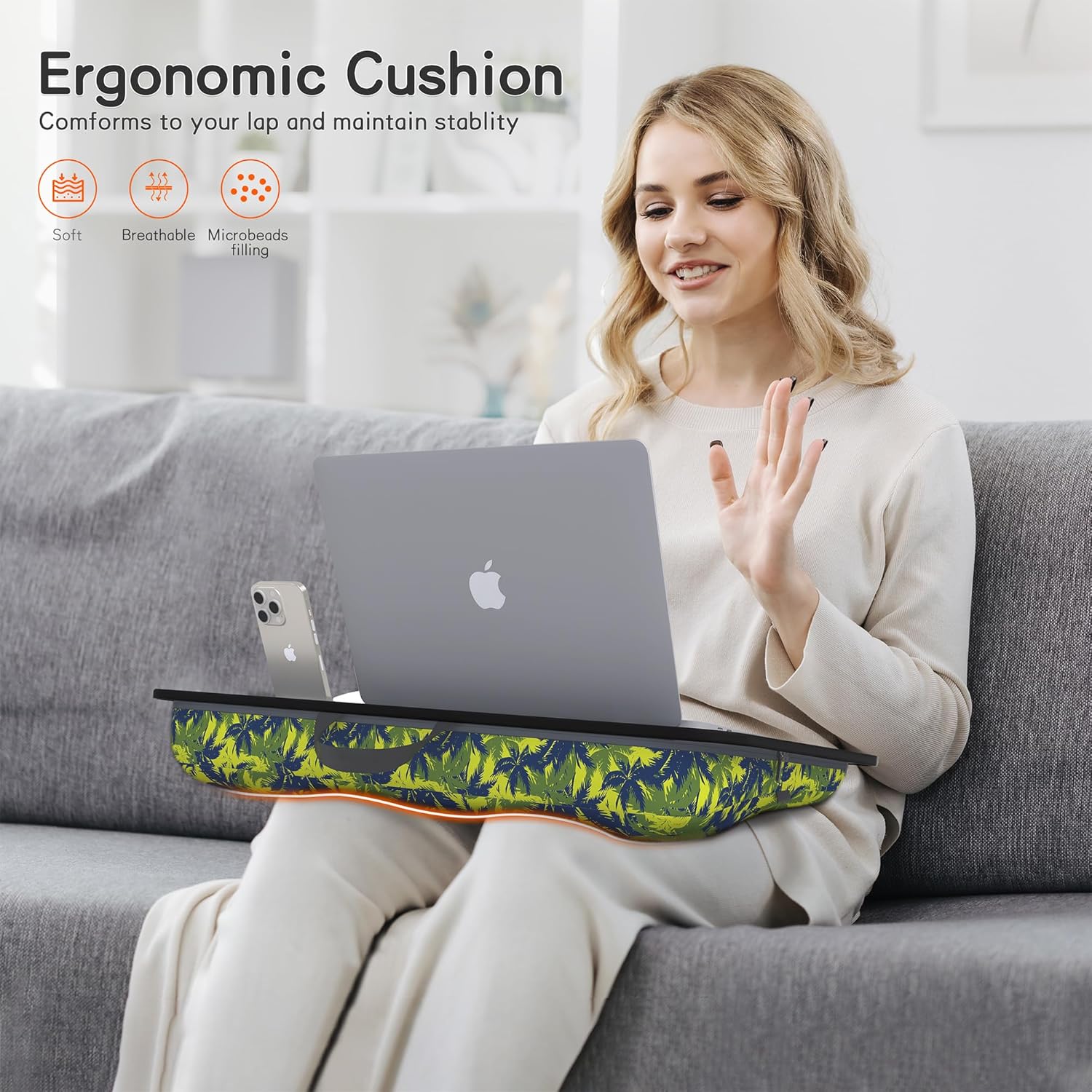 Millhome Lap Desk | Portable Laptop Desk – Fits Up to 17.3" Laptops – Detachable & Washable Cushion, Phone Holder, Device Ledge – for Writing, Working, Reading on Bed, Couch, Sofa, Floor – Green Palm