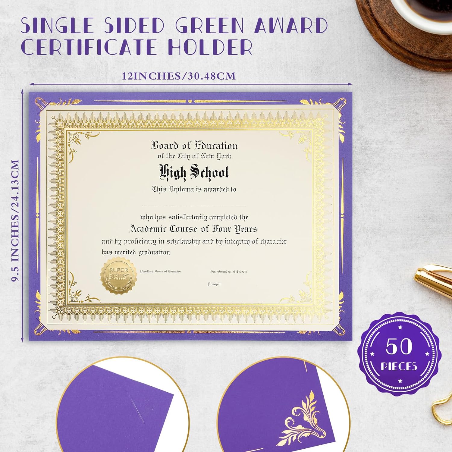 Fainne 50 Sets Certificate Kit Includes 50 Pcs 9.5 x 12 Inch Certificate Holders 50 Pcs Letter Size Papers 50 Pcs Foil Award Seals Diploma Covers for Appreciation(Purple, Gold)