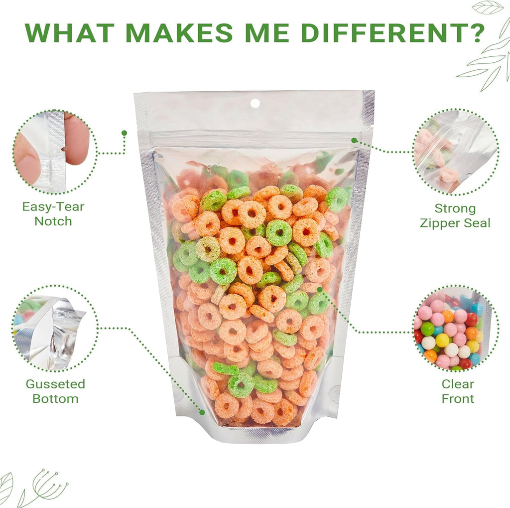 100 Pieces 6" x 9" Resealable Stand Up Pouch Bags Mylar Food Packaging with Clear Window and Tear Notches
