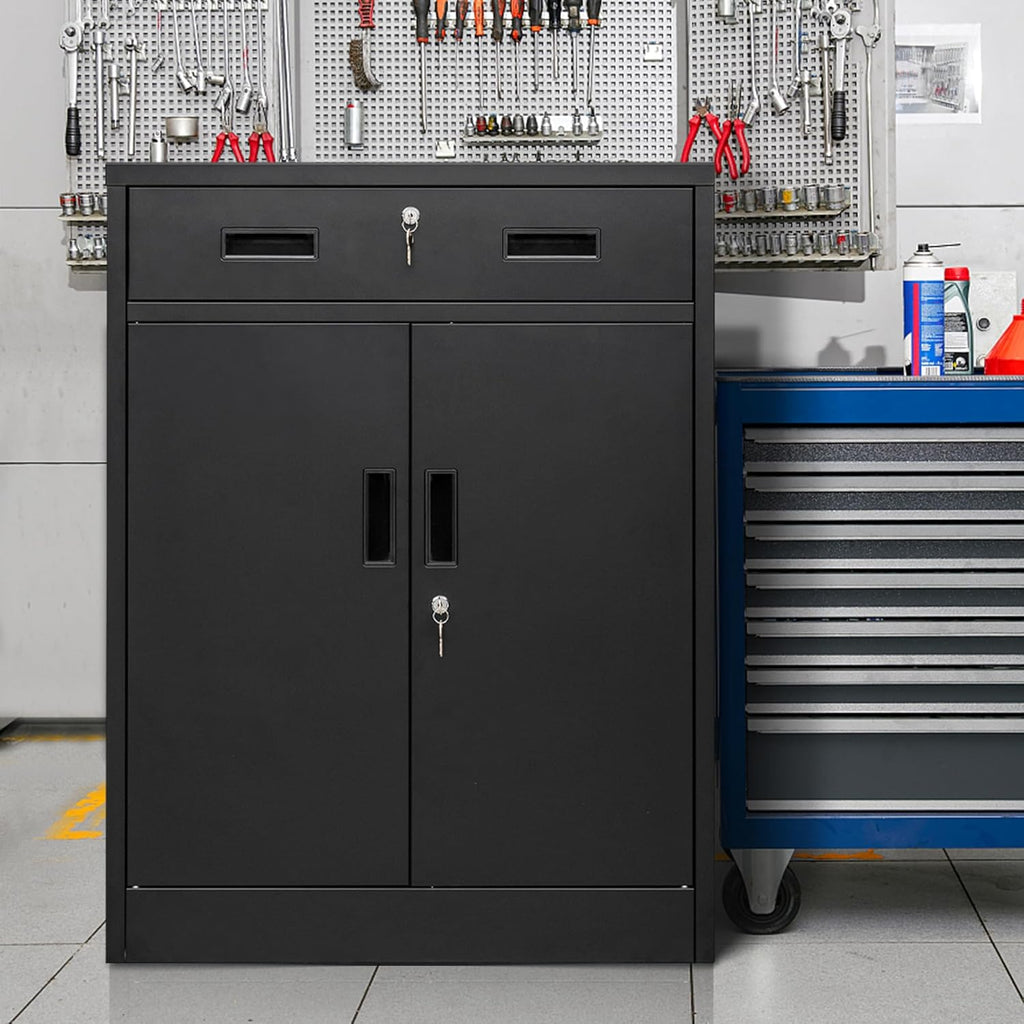 CMY Metal Storage Cabinet, Locking Storage Cabinet with One Drawer and Adjustable Shelf, 36.2" H x 28" W x 16" D Metal Cabinet for Office, Garage, Home-Black