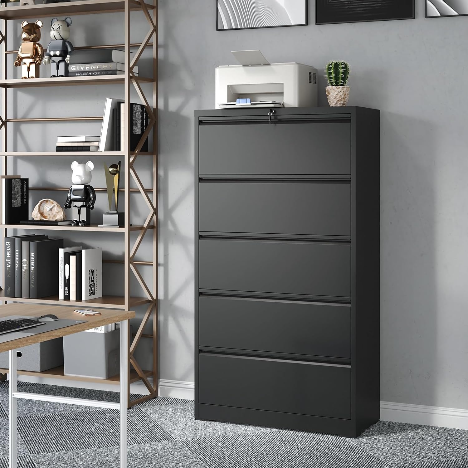 5 Drawer Lateral File Cabinet with Lock, Black Metal Lateral Filing Cabinet for Home Office, Steel Wide Filing Cabinets for Letter/Legal/A4/F4 Hanging File Folders (Black)