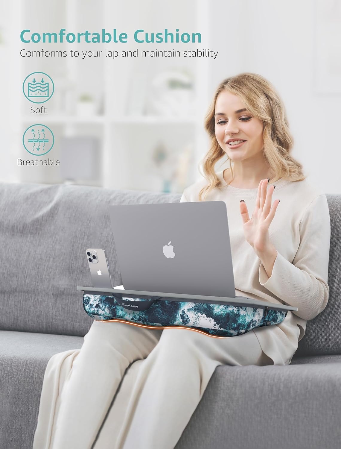 Lap Desk, Lap Desk with Cushion, Fits up to 15.6-inch Laptop, Pillow Designed, Portable Laptop Stand with Tray, Pad & Phone Holder, Home Office for Bed/Couch/Car/Reading/Writing, MillHome (S, Waves)