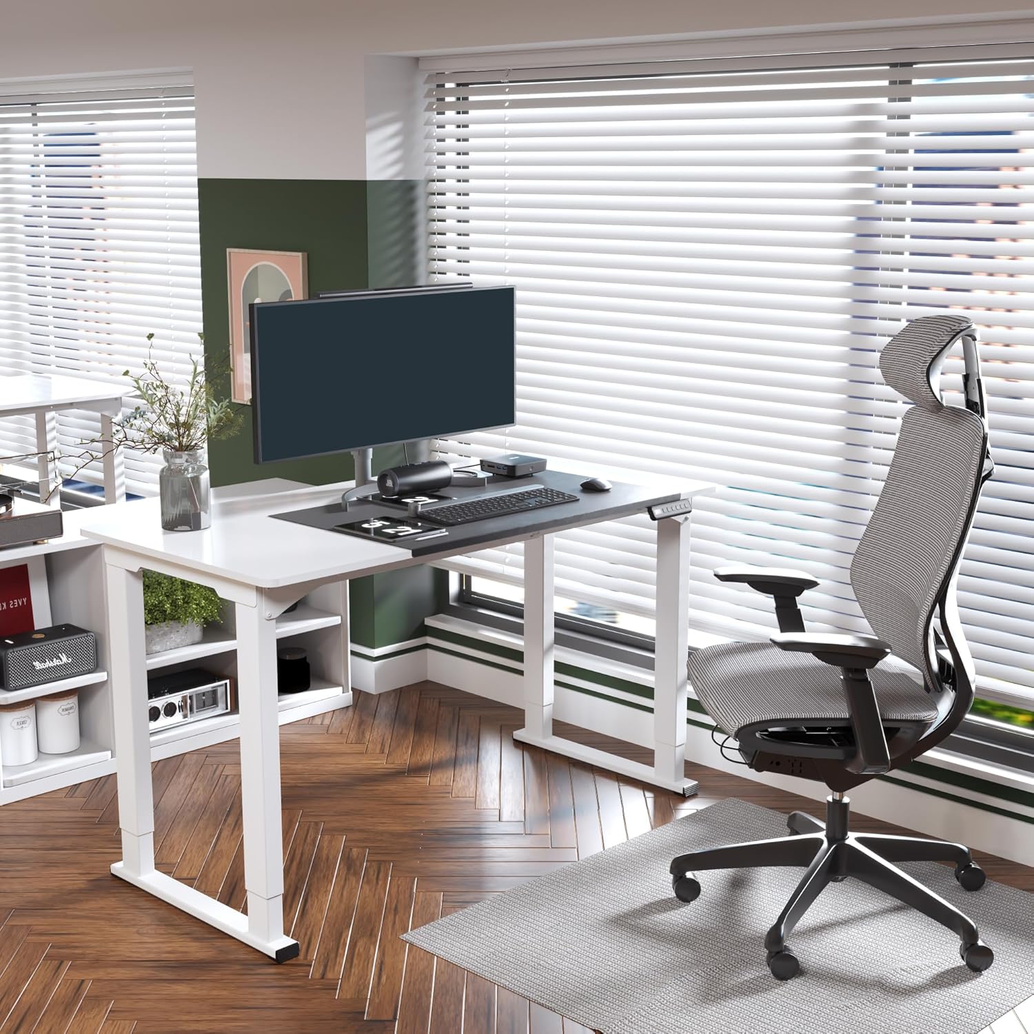 SANODESK 4-Leg Standing Desk, Electric Height Adjustable Desk with Memory Presets for Home Office, Stand up Desk Computer Workstation, 55x28 Inches White