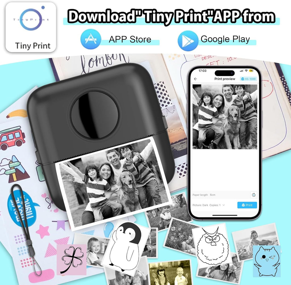 HuiJuKeJi Mini Sticker Printer Bluetooth Smart Pocket Inkless Thermal Printer with 11 Rolls Thermal Paper and Sticker for iOS&Android, Portable Receipt Printer for Photo Journal Notes Memo
