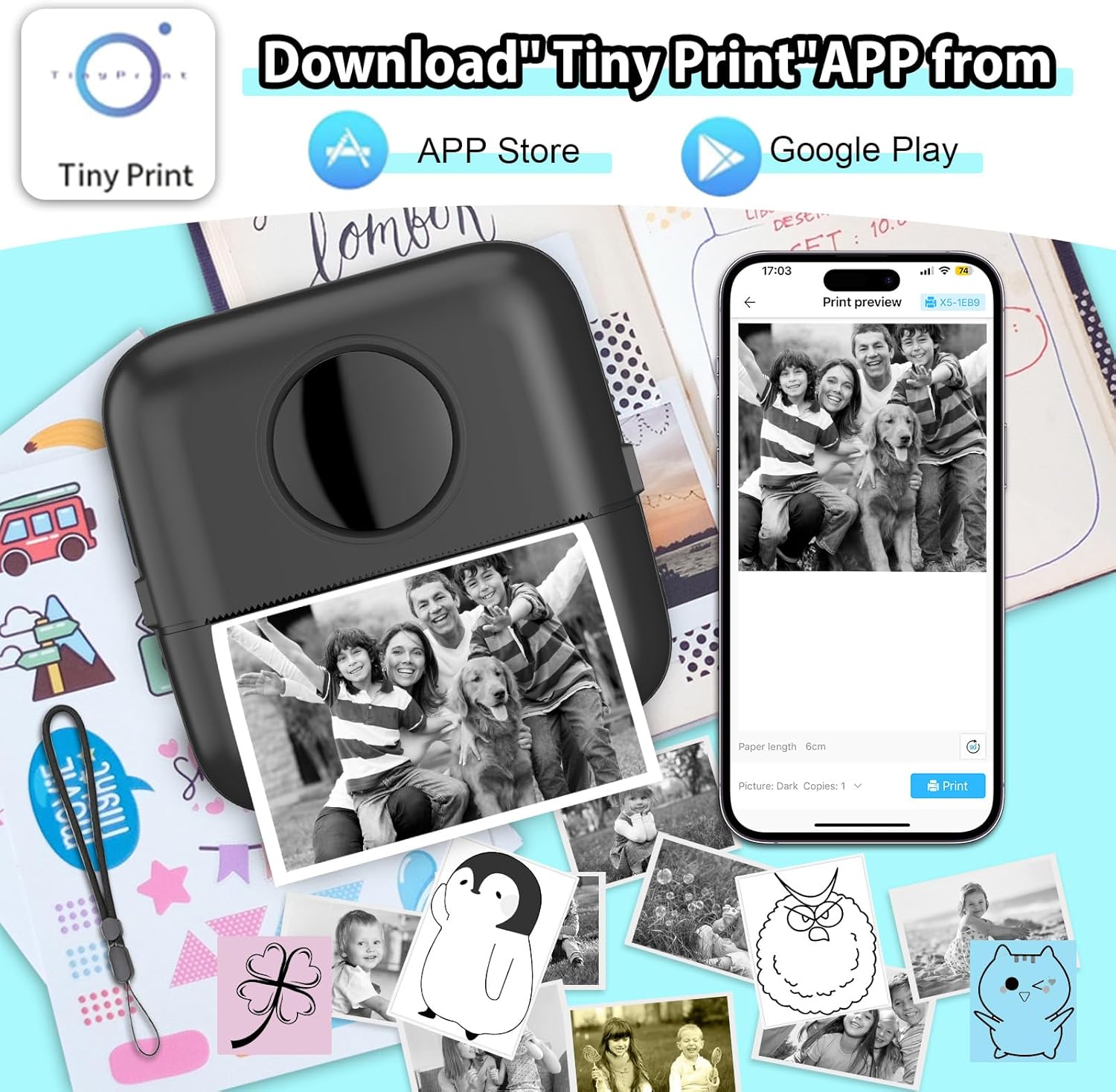 HuiJuKeJi Mini Sticker Printer Bluetooth Smart Pocket Inkless Thermal Printer with 11 Rolls Thermal Paper and Sticker for iOS&Android, Portable Receipt Printer for Photo Journal Notes Memo