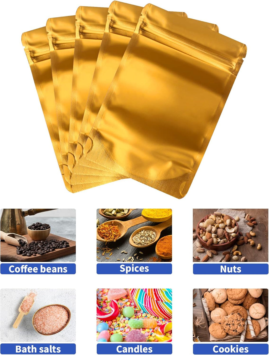 100 Pack Resealable Stand Up Bags,6.3" x 9.4" Smell Proof Pouch Sealable Foil Pouch Bags for Packaging (Gold)
