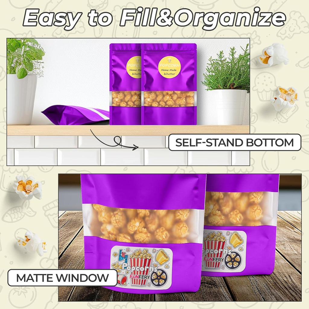 Funfery 100 Pcs Smell Proof Packaging Bags,Mylar Clear Bags for Food Storage,Sealable Bag for Packaging,Stand Up Pouches with Window,ReSealable Bag for Small Business,Cookies,Candy(Purple,4x6in)