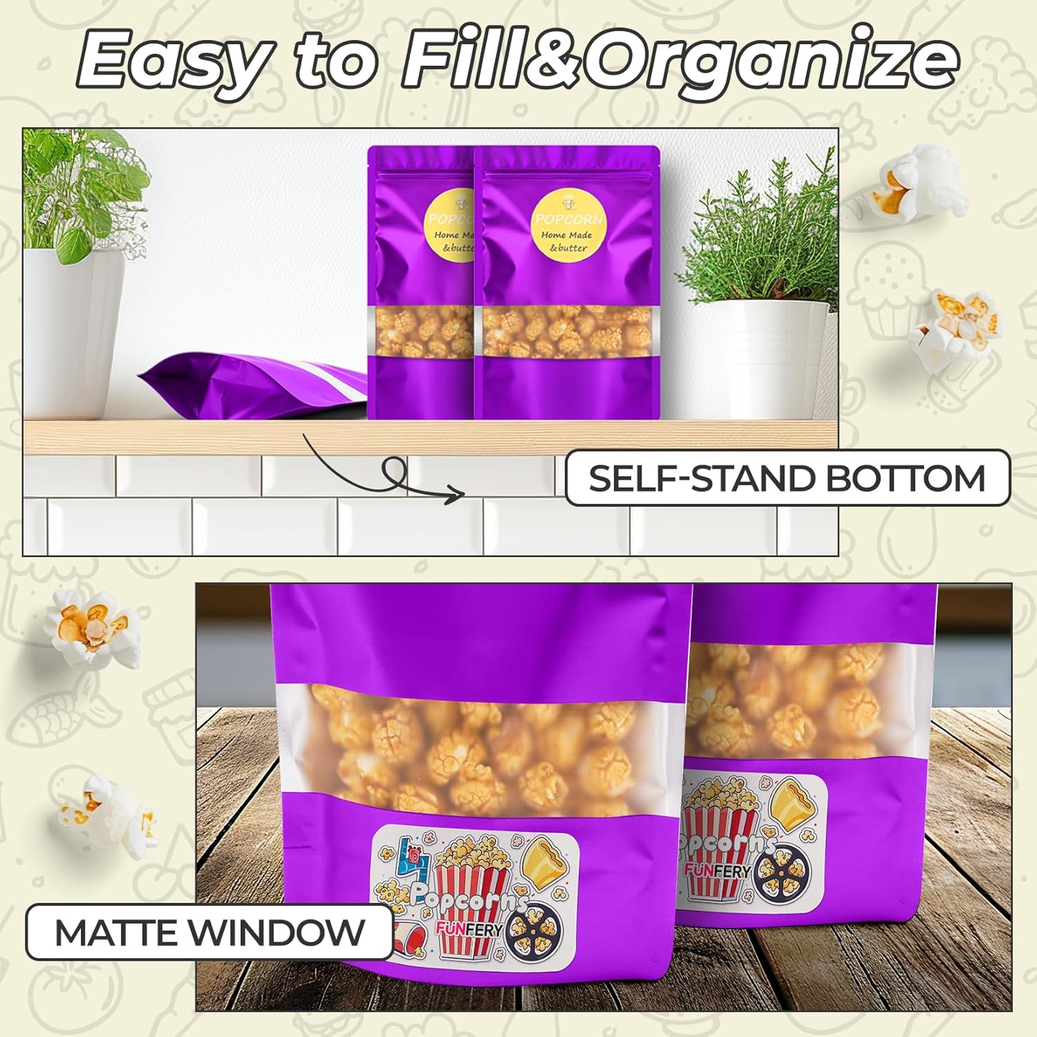 Funfery 100 Pcs Smell Proof Packaging Bags,Mylar Clear Bags for Food Storage,Sealable Bag for Packaging,Stand Up Pouches with Window,ReSealable Bag for Small Business,Cookies,Candy(Purple,4x6in)