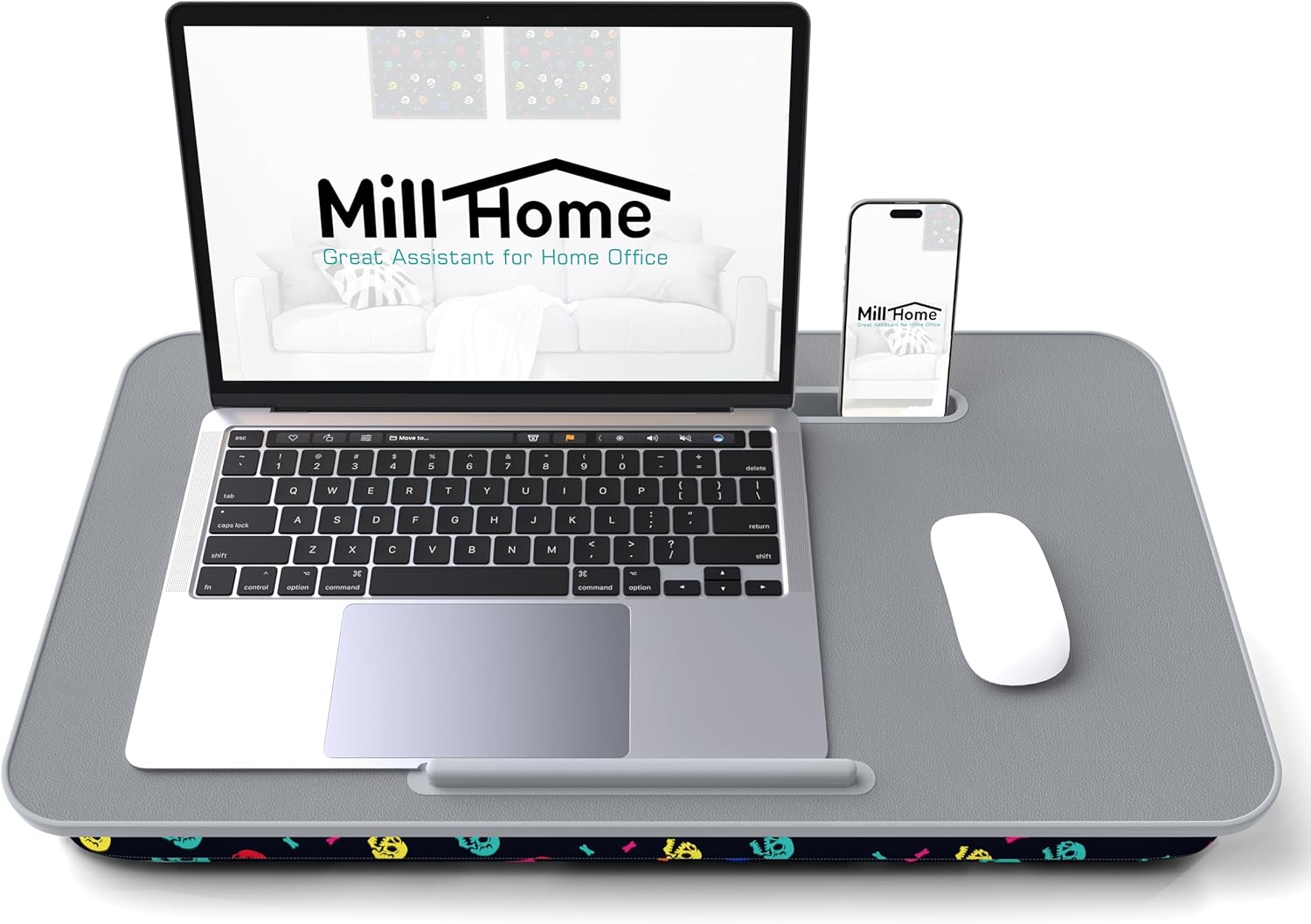 Millhome Lap Desk | Portable Laptop Desk – Fits Up to 17.3" Laptops – Detachable & Washable Cushion, Phone Holder, Device Ledge – for Writing, Working, Reading on Bed, Couch, Sofa, Floor – Black Skull