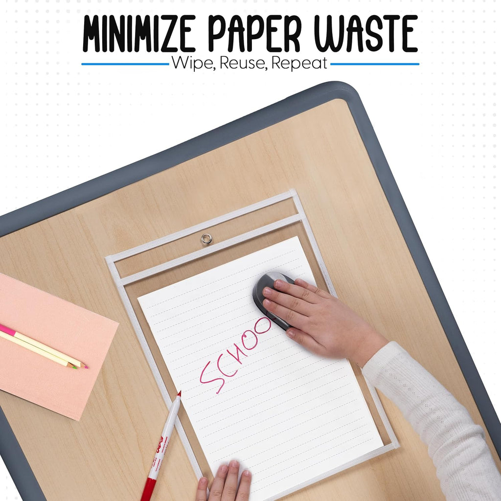Essex Wares - 6 Pack, White, Dry Erase Pocket Document Protectors, 10" Wide x 13.5" Tall - Dry Erase Clear Plastic Sleeves - Reusable & Easy Erase Plastic Invoice Holders, Water-Resistant & Durable