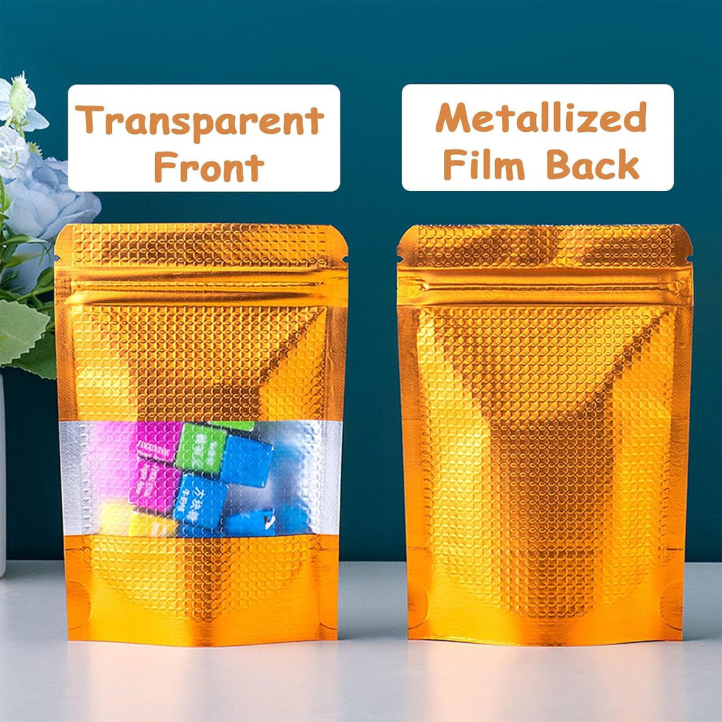 150 Pcs Mylar Bags for Food Storage, 4x6 Mylar Bag with Window Stand Up, Small Holographic Resealable Bags Smell Proof Bag Food Packaging for Small Business Freeze Dried Candy Jewelry Foil Packaging