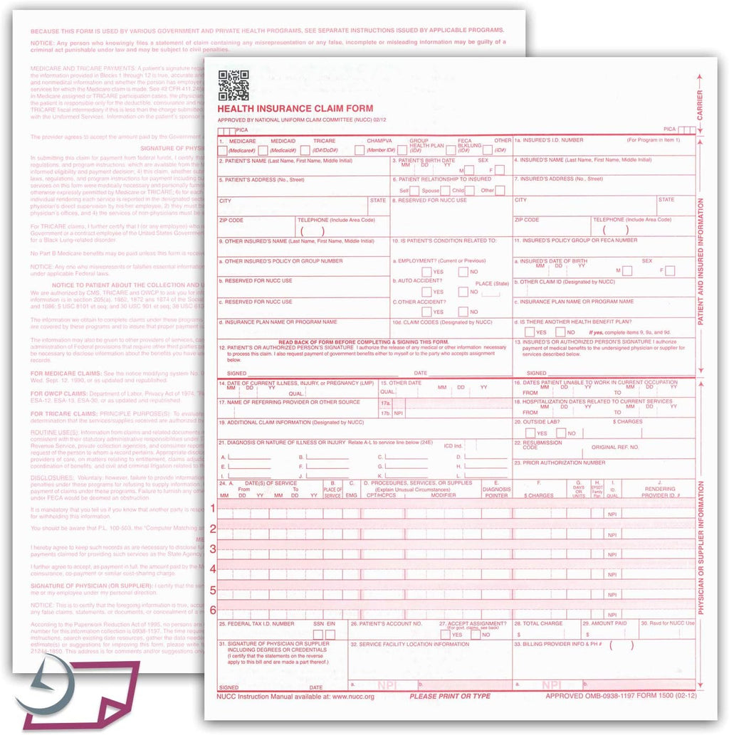 NextDayLabels - CMS 1500 / HCFA 1500 Insurance Claim Forms - Laser/Ink-Jet Compatible (New Version 02/12) Letter Size 8-12" x 11", 500 Sheets Per Pack