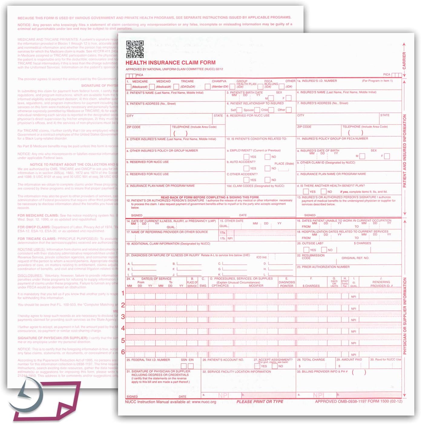 NextDayLabels - CMS 1500 / HCFA 1500 Insurance Claim Forms - Laser/Ink-Jet Compatible (New Version 02/12) Letter Size 8-12" x 11", 500 Sheets Per Pack
