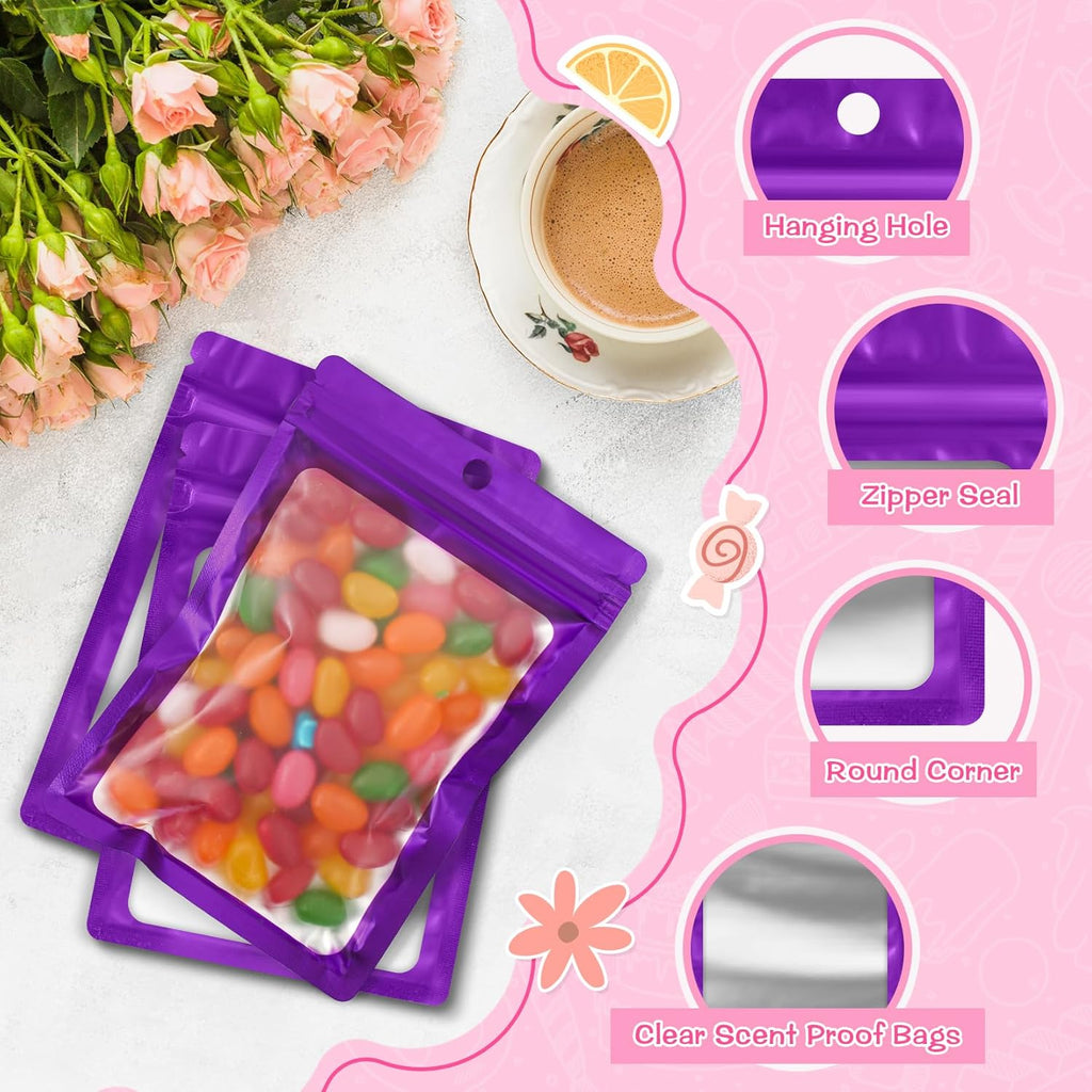 FUNFERY 100 Pack Mylar Resealable Bags Foil Packaging Bags with Clear Window,Zipper Pouch Smell Proof Bag for Food Storage,Cookies,Sample,Small Business(Purple,2.4x3.9inch)