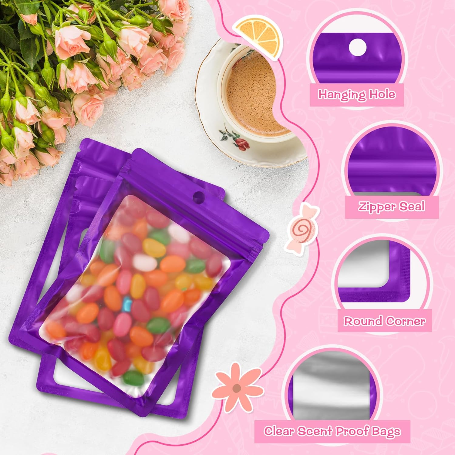 FUNFERY 100 Pack Mylar Resealable Bags Foil Packaging Bags with Clear Window,Zipper Pouch Smell Proof Bag for Food Storage,Cookies,Sample,Small Business(Purple,2.4x3.9inch)