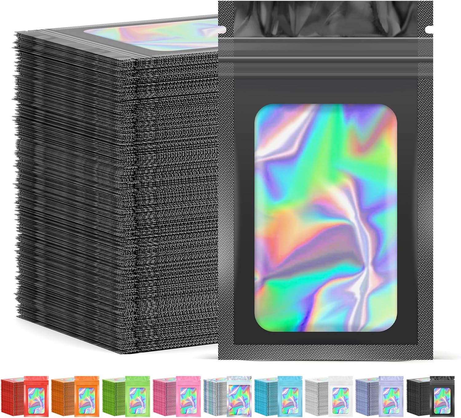 300 Pcs Mylar Bags, Smell Proof Bags Foil Pouch, Holographic Resealable Bags for Small Business, Candy Sample Jewelry Bag Sealable Packaging for Party Favor Food Storage (5.5x7.9in-Black)