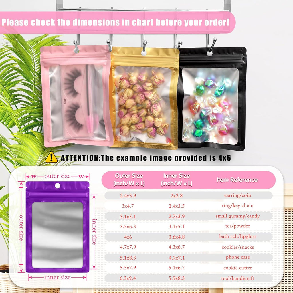 FUNFERY 100 Pack Mylar Resealable Bags Foil Packaging Bags with Clear Window,Zipper Pouch Smell Proof Bag for Food Storage,Cookies,Sample,Small Business(Purple,3.5x6.3inch)
