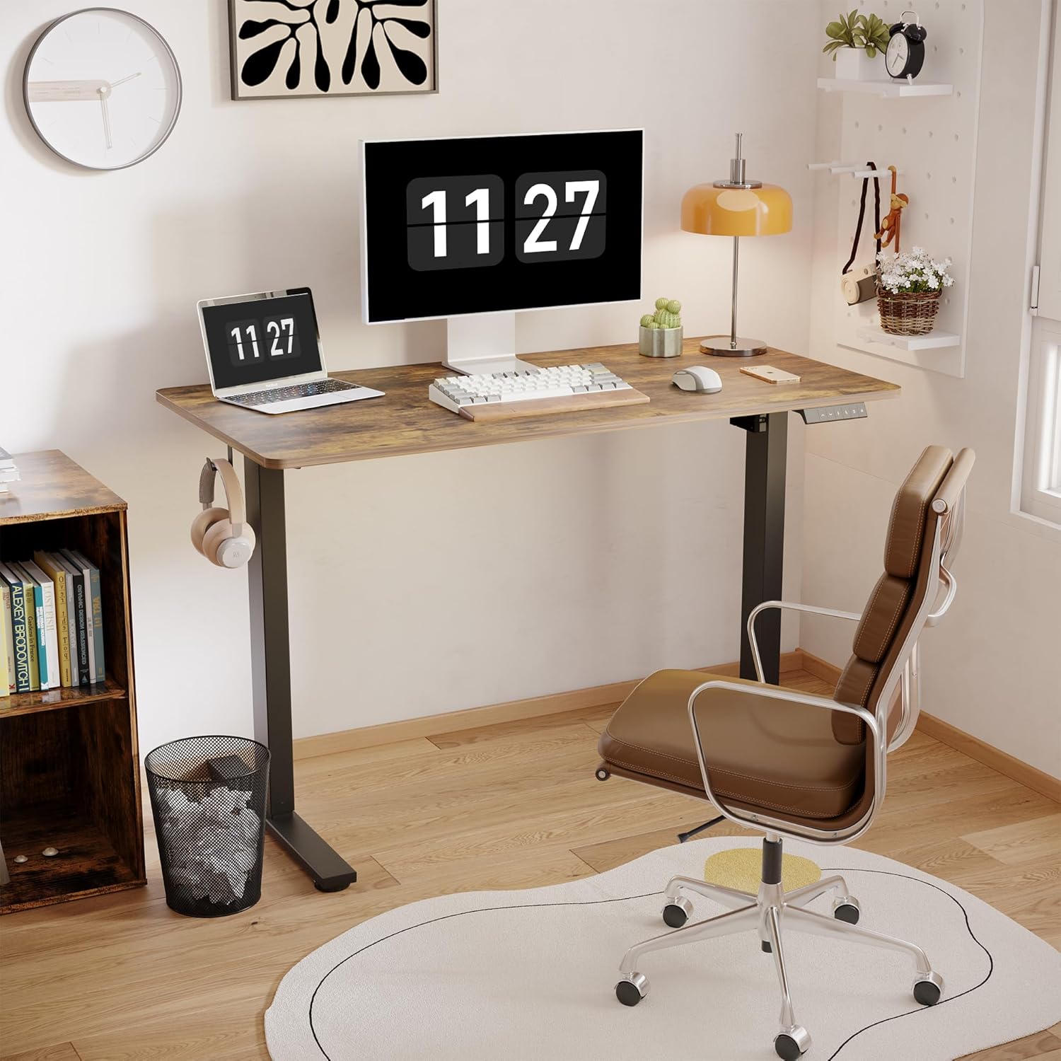 FLEXISPOT One-Piece Electric Standing Desk, 48 x 30 Inches Adjustable Desk with Seamless Desktop, Memory Controller Height Adjustment (Black Frame + Rustic Brown Desktop, 2 Packages)