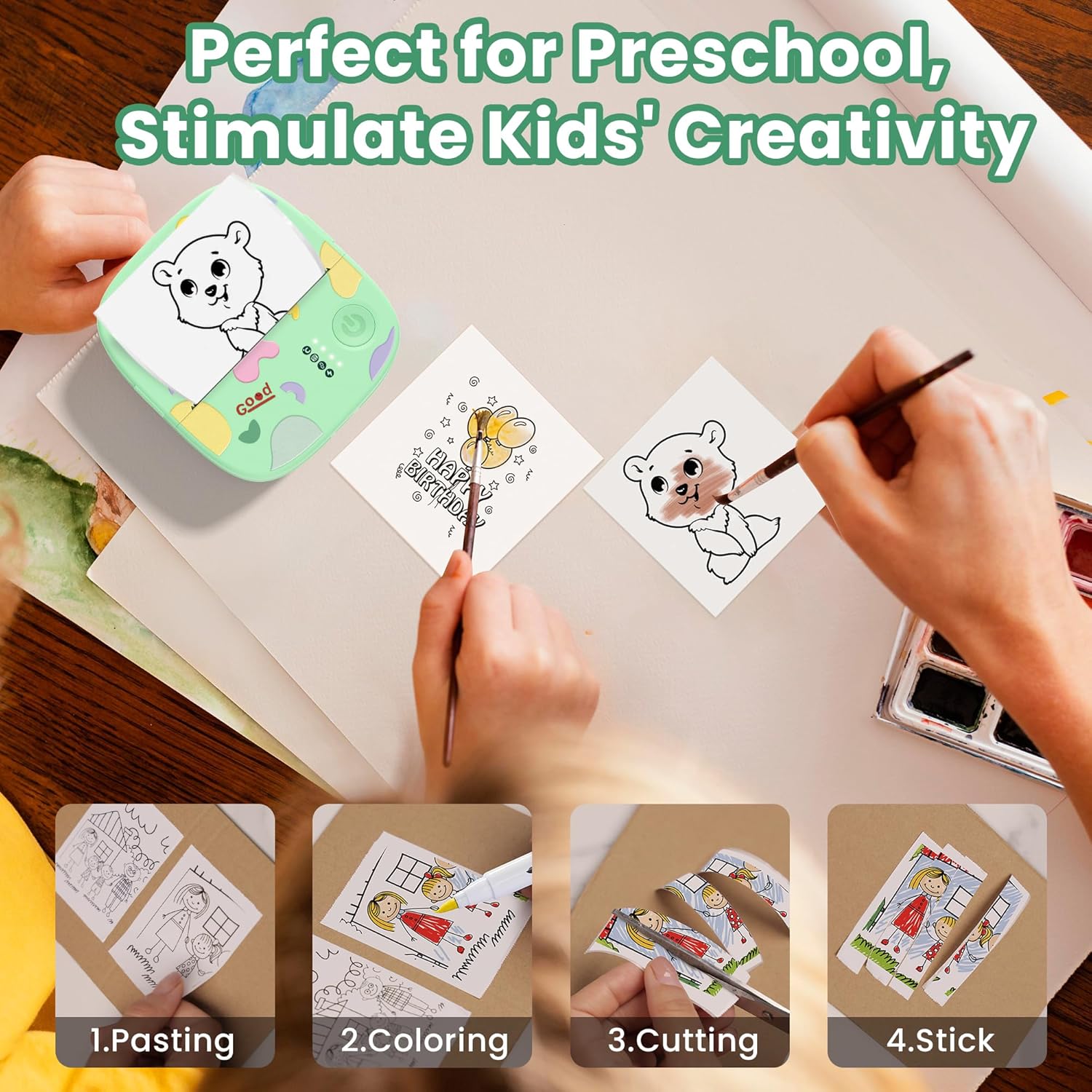 Mini Portable Sticker Printer, Mini Thermal Printer with 3 Rolls Paper, Bluetooth Inkless Printpods, Pocket Label Maker Suitable for Kids Creative DIY, Diaries, Photos, Study Notes-Green