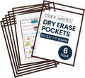 Essex Wares - 6 Pack, Brown, Durable Water-Resistant Dry Erase Pocket Document Protectors, 10" Wide x 13.5" Tall - Dry Erase Clear Plastic Sleeves - Reusable & Easy Erase Plastic Invoice Holders
