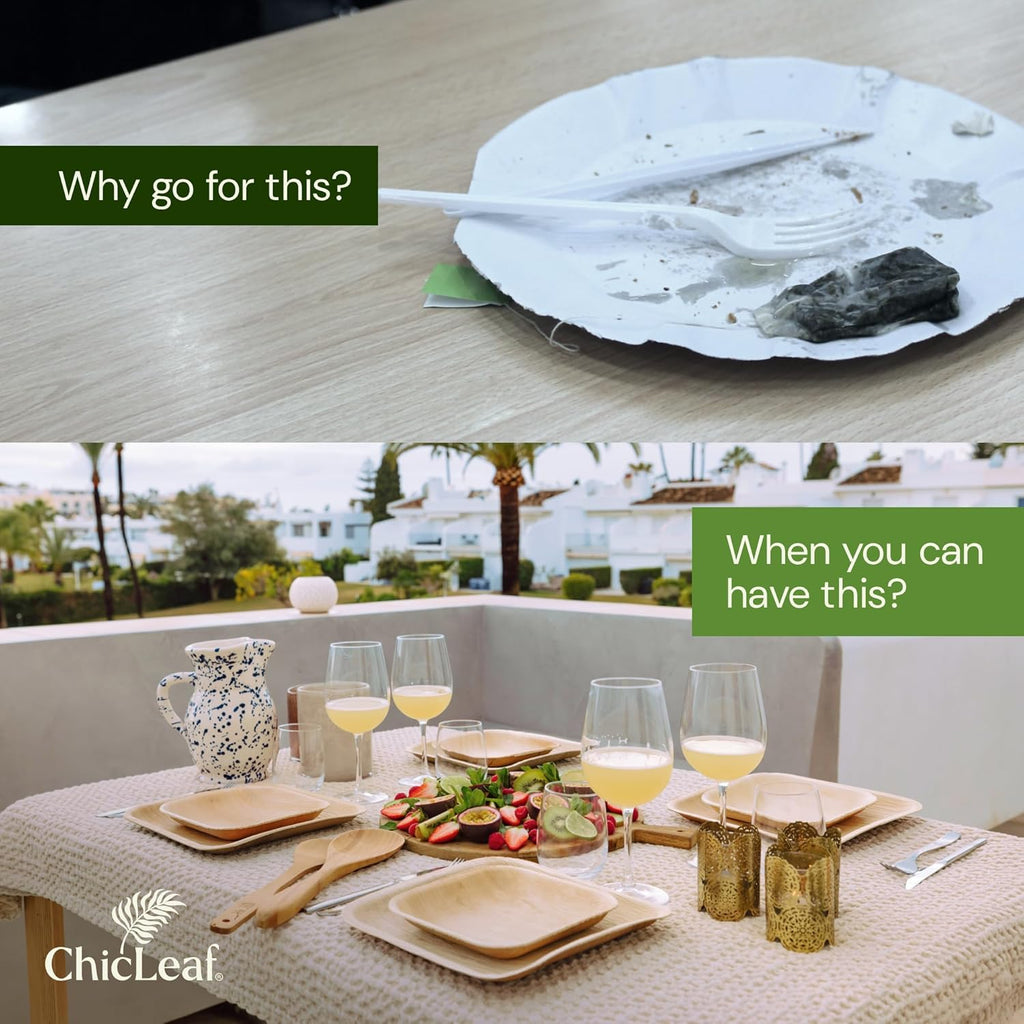 Chic Leaf Compostable & Biodegradable Palm Leaf Disposable Bamboo Plates - Disposable Party Plates for Appetizers - Camping Essentials - Reusable Party Supplies (10 & 7 Inch Square)