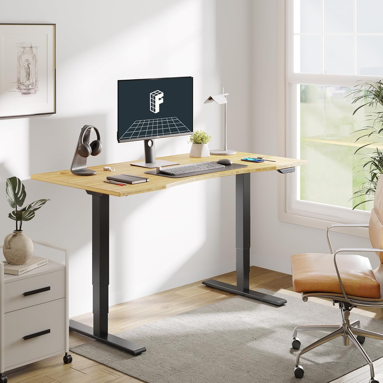 FLEXISPOT E6 MAX Bamboo Dual Motor 3 Stages Standing Desk 55x28 Inch Whole-Piece Board Electric Height Adjustable Stand Up Desk 150KG Load Capacity(Black Frame + Bamboo Curved Desktop)