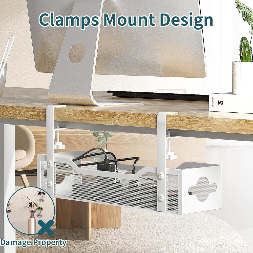 Under Desk Cable Management Tray, Litwaro No Drill, Metal Tray with Clamp for Wire Management, Cord Organizer Home Office Damage to Standing Desk, White, 13.38''