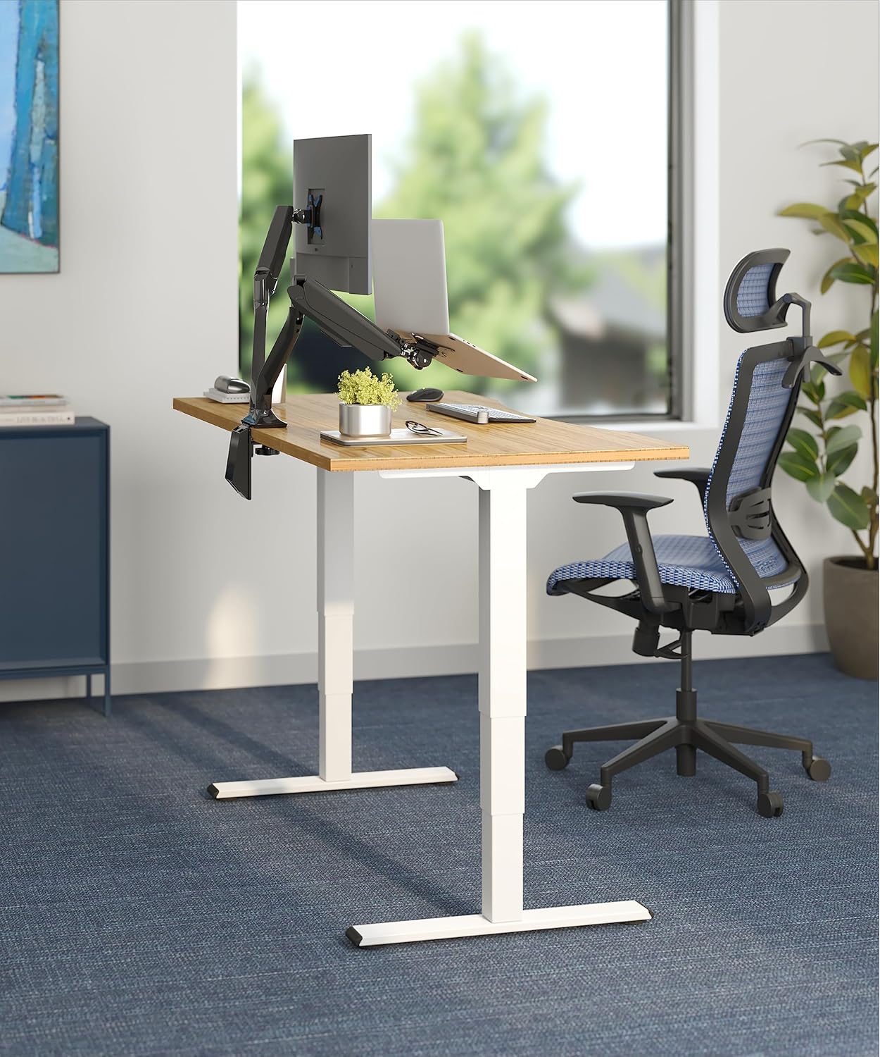 FLEXISPOT E6 Essential Bamboo 3 Stages Dual Motor 60x30 Inch Electric Height Adjustable Standing Whole-Piece Board Desk Sit Stand Up Desk (White Frame + Bamboo Desktop)