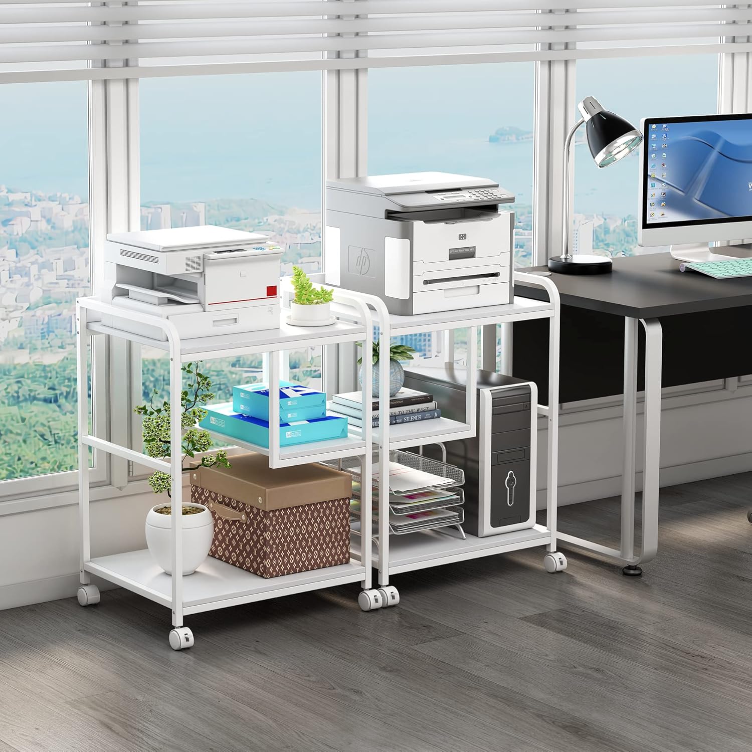 Large Printer Stand Table with Storage Shelf for Host Computer, PC Tower, CPU and Shredder, 3 Tier Rolling Printer Cart with Wheels for Home Office Storage and Organization - White