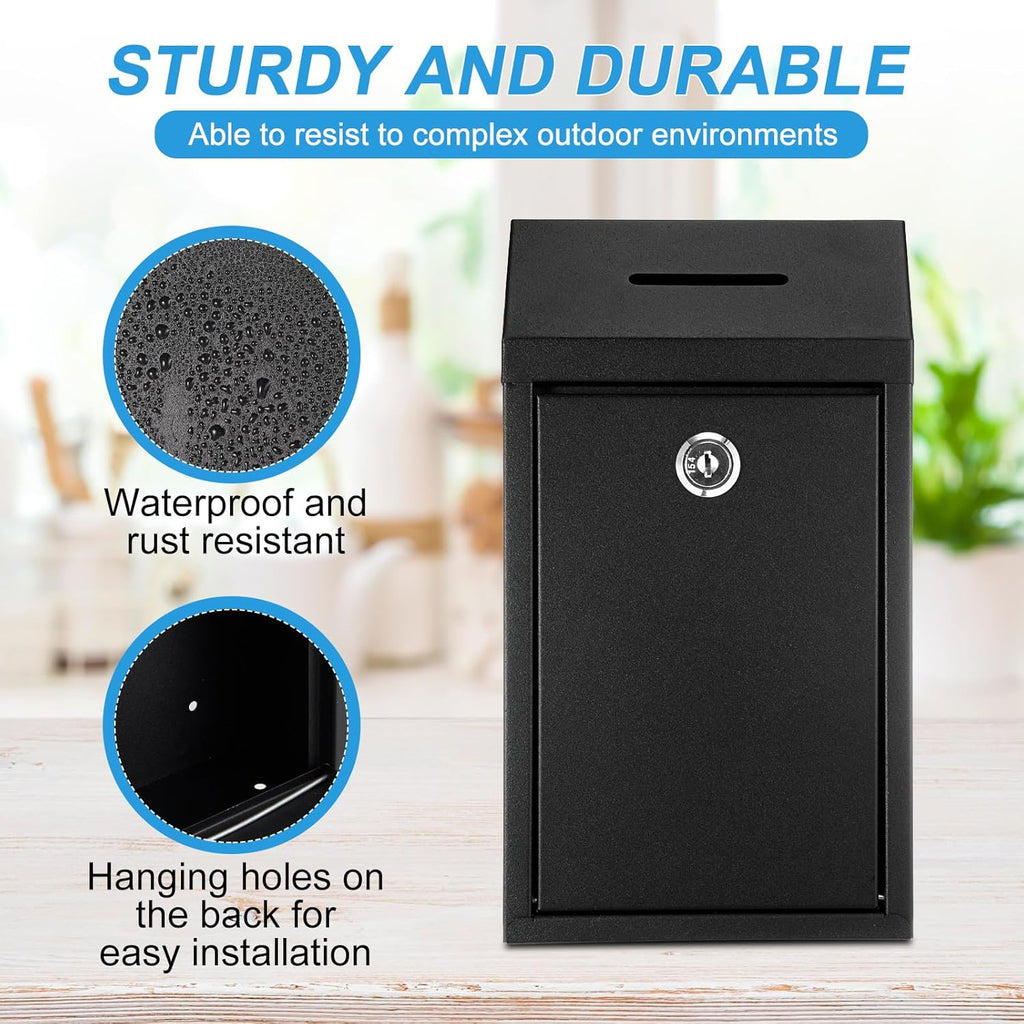 2 Pack Metal Suggestion Boxes with Lock Keys Ballot Donation Boxes with Slot for Fundraising Wall Mounted Mailbox Delivery Container for Home Office Outdoor Door, 10.2x5.7x2.95in(Black, Blue)