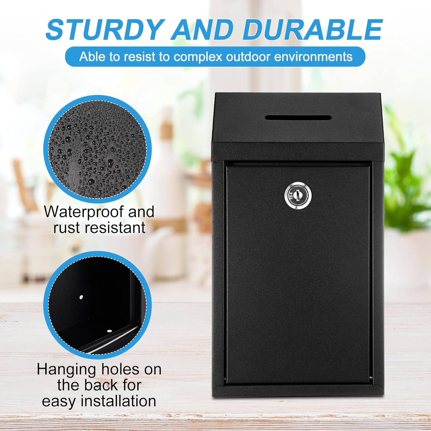 2 Pack Metal Suggestion Boxes with Lock Keys Ballot Donation Boxes with Slot for Fundraising Wall Mounted Mailbox Delivery Container for Home Office Outdoor Door, 10.2x5.7x2.95in(Black, Blue)