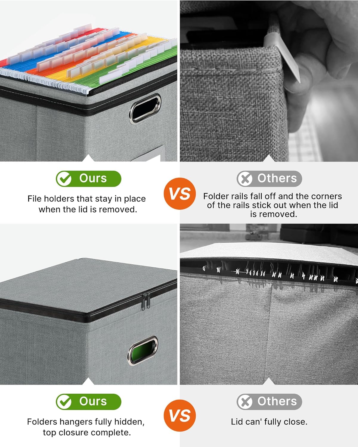 Oterri 1 Pack File Organizer Boxes with Lids, File Box with Mesh Pockets, Document Organizer Box for File Folders Letter Size, Zippers Filing Box for Home, Office, School (Grey, Without Folders)