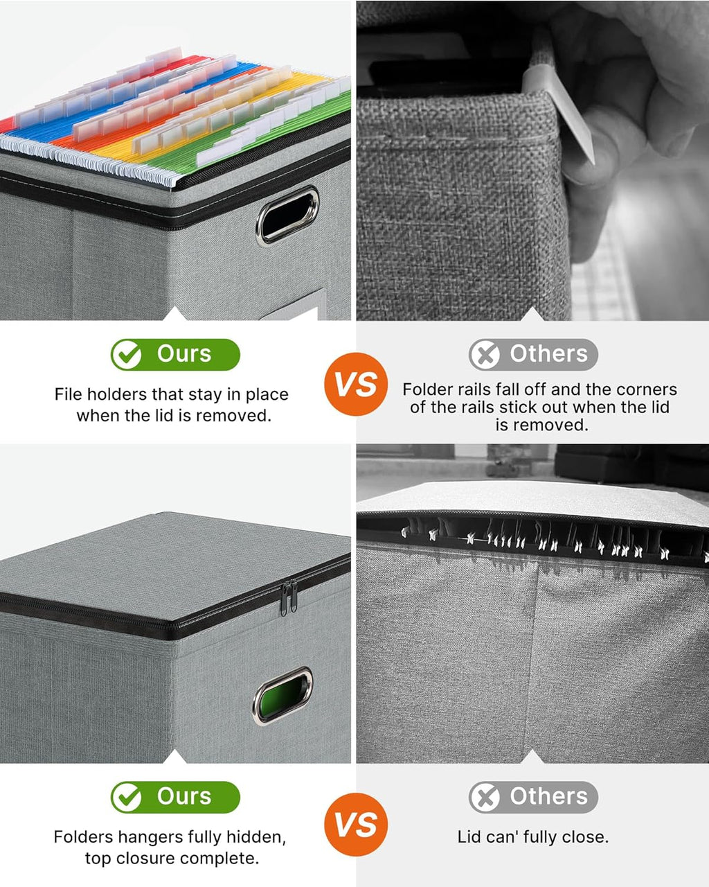 Oterri 2 Pack File Organizer Boxes with Lids, File Box with Mesh Pockets, Document Organizer Box for File Folders Letter Size, Zippers Filing Box for Home, Office, School (Grey, Without Folders)