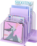 Inclined Desk File Organizer, 5-Section Vertical File Folder Holder Stand Metal Rack File Sorter for Office Classroom Desktop Organization (Purple, 1Pack)