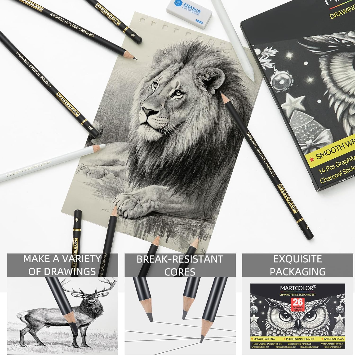 Drawing Sketching Pencil Set, 26 Pieces, Graphite Pencils (14B-4H), Charcoal Pencils, Charcoal Sticks, Blending Stump, Eraser, Sharpeners, Artist Pencils for Beginners & Pro Artists