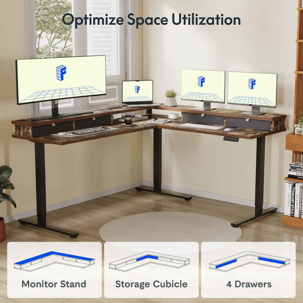FLEXISPOT 63" L Shaped Standing Desk Electric Corner Table with Shelf, 4 Storage Drawers, Adjustable Computer Workstation for Home, Office, Game, Studio, Rustic Brown Top + Black Frame