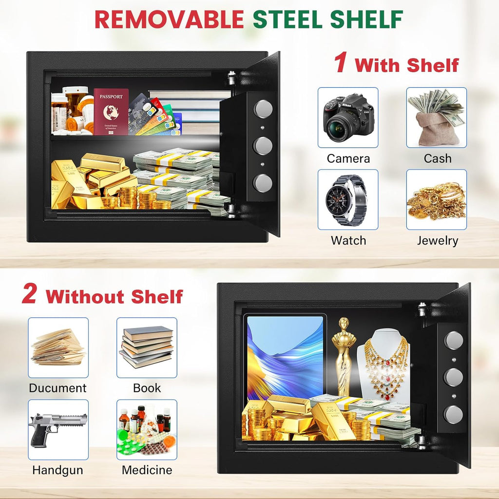 Smart Biometric Safe Box, 1.2 Cuft Fingerprint Home Safe with Digital Keypad and Spare Keys, Safety Box for Money, ID Documents, Jewelry & Valuables Home, Office, Hotel Use