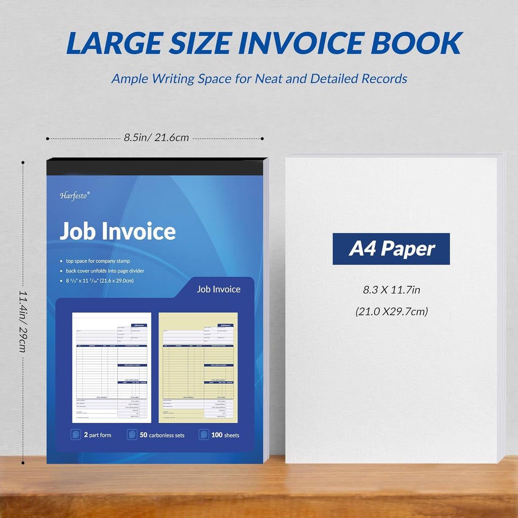 Job Work Order Forms, Large Size Contractor Invoice Book 8-1/2" x 11-7/16", Invoice Receipt Book for Small Business, 2-Part Carbonless Forms, 50 Sets