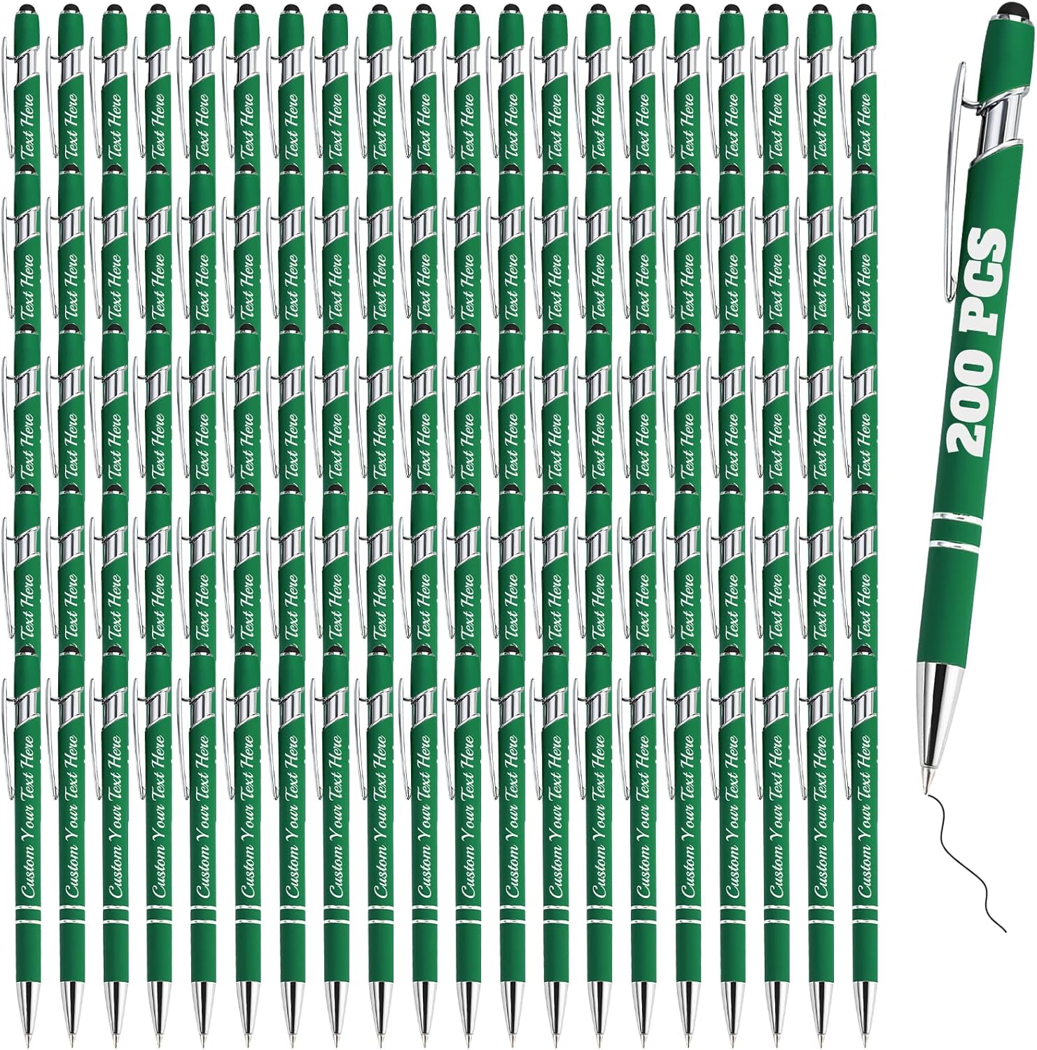 Personalized Pens Bulk 200 with Name Custom Engraving Ballpoint Pens with Stylus Tip Customized Smooth Writing Pens Personalized Gifts for Anniversary Birthday or Graduation(Dark Green,Black Ink)