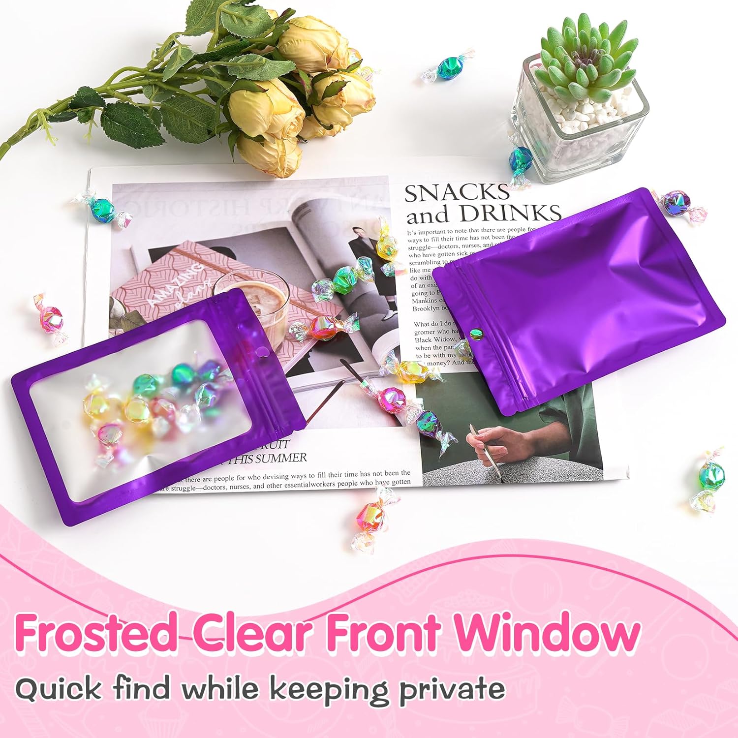 FUNFERY 100 Pack Mylar Resealable Bags Foil Packaging Bags with Clear Window,Zipper Pouch Smell Proof Bag for Food Storage,Cookies,Sample,Small Business(Purple,3.1x5.1inch)