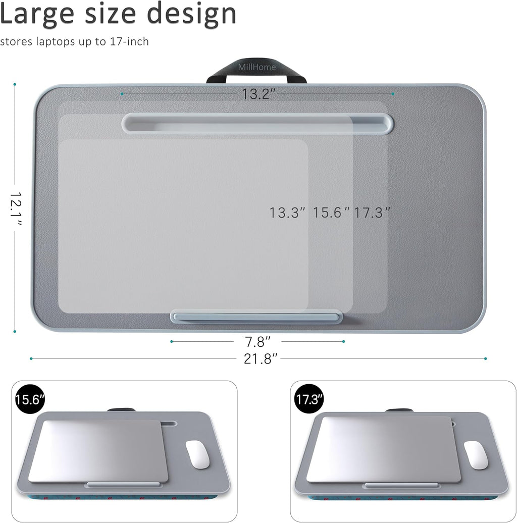 Millhome Lap Desk | Portable Laptop Desk – Fits Up to 17.3" Laptops – Detachable & Washable Cushion, Phone Holder, Device Ledge – for Writing, Working, Reading on Bed, Couch, Floor – Maui Blue Skull