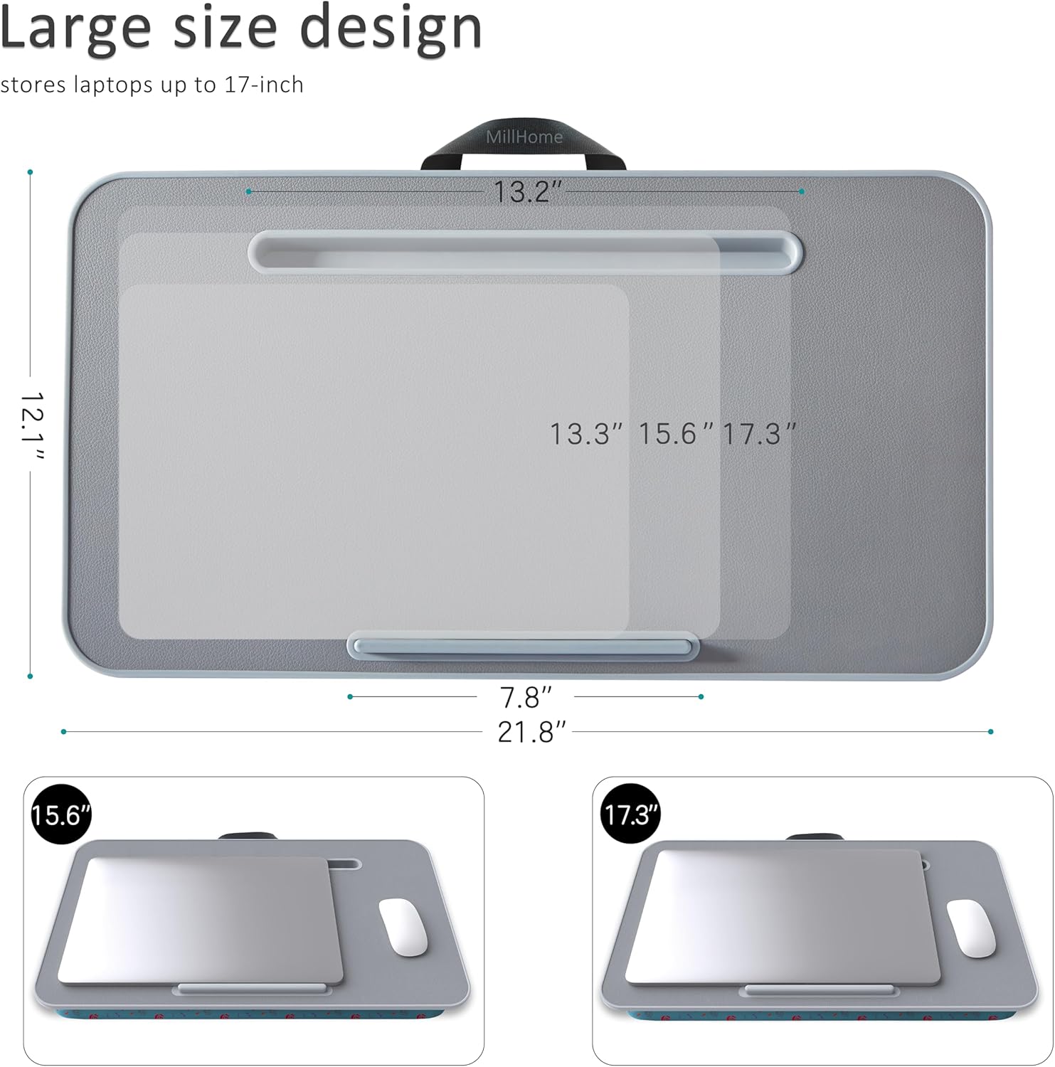 Millhome Lap Desk | Portable Laptop Desk – Fits Up to 17.3" Laptops – Detachable & Washable Cushion, Phone Holder, Device Ledge – for Writing, Working, Reading on Bed, Couch, Floor – Maui Blue Skull